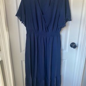 BloomChic Navy Solid Laser Cut Shirred Pocket Wrap Scalloped Trim Flutter Dress